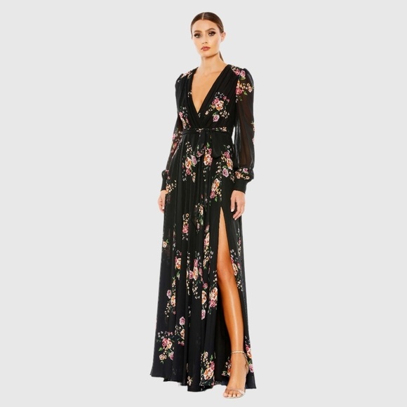 IEENA FOR MAC DUGGAL 55661 NWT 
Belted Floral Print Illusion Long Sleeve Gown - Picture 1 of 6